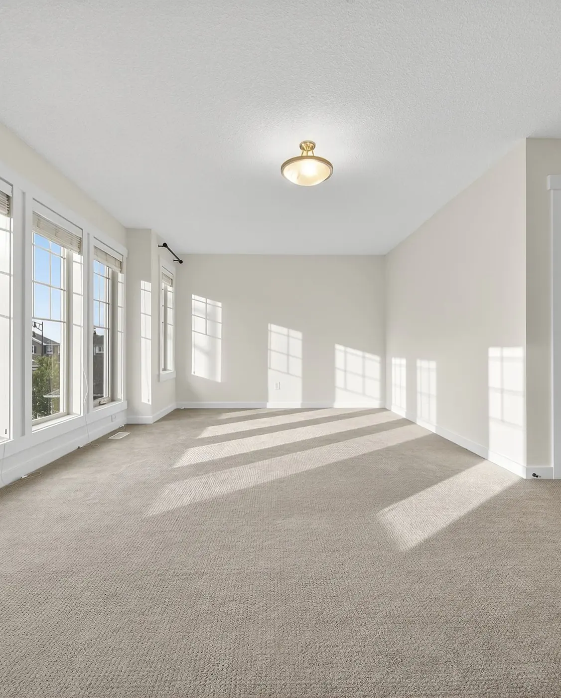 Sunlit empty room with light painted walls and tall windows