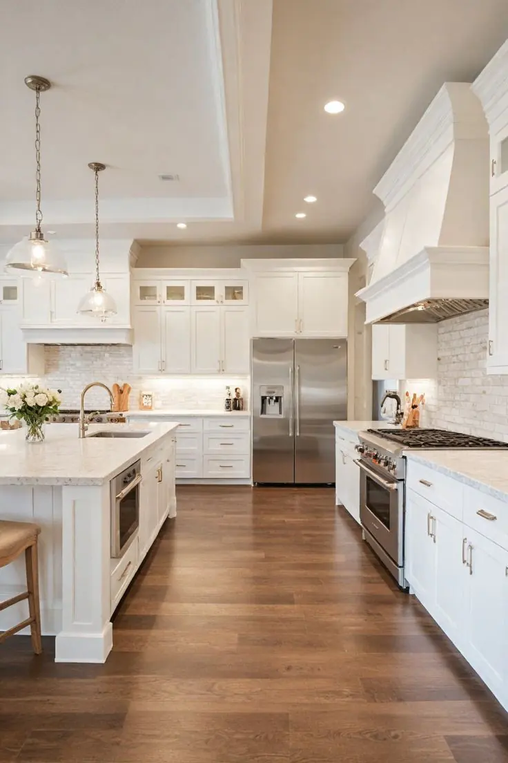 Finished white kitchen with existing lighting and household appliances