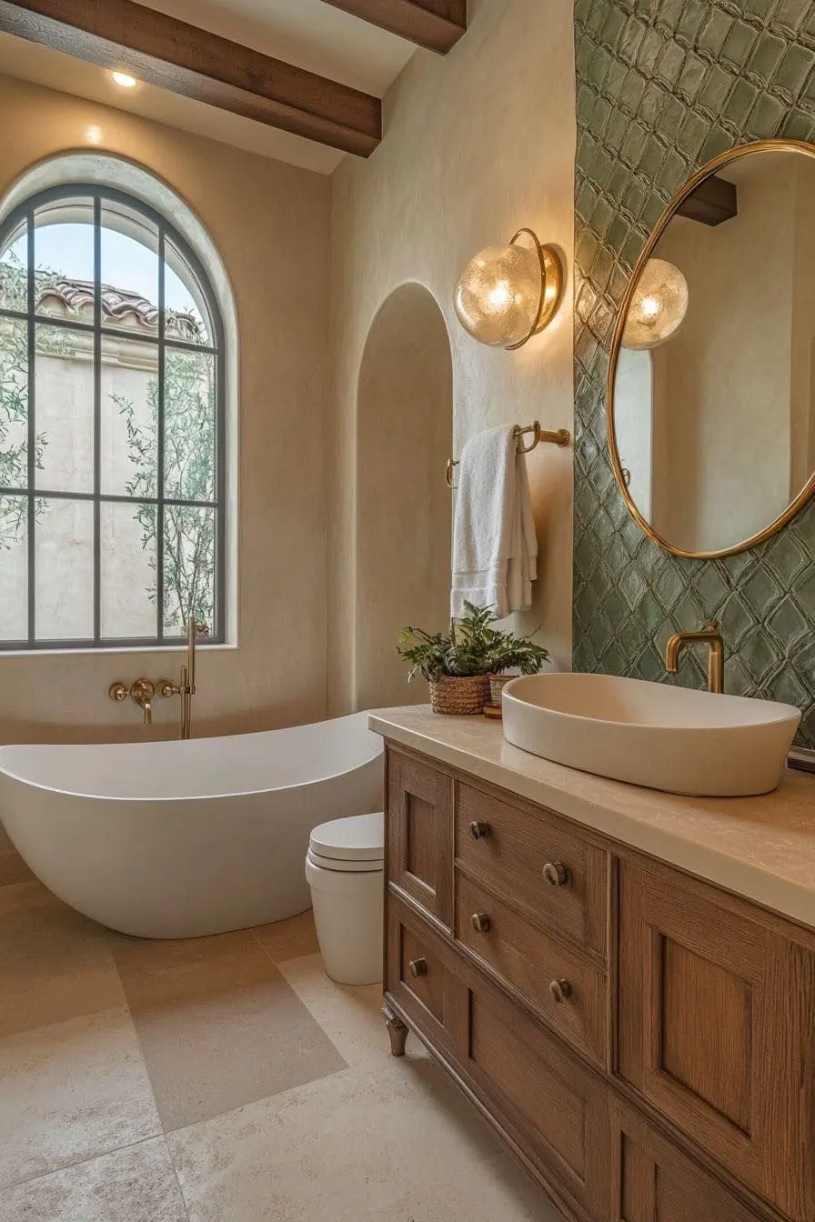 Bathroom with a round mirror, towel ring, wood vanity, and freestanding tub