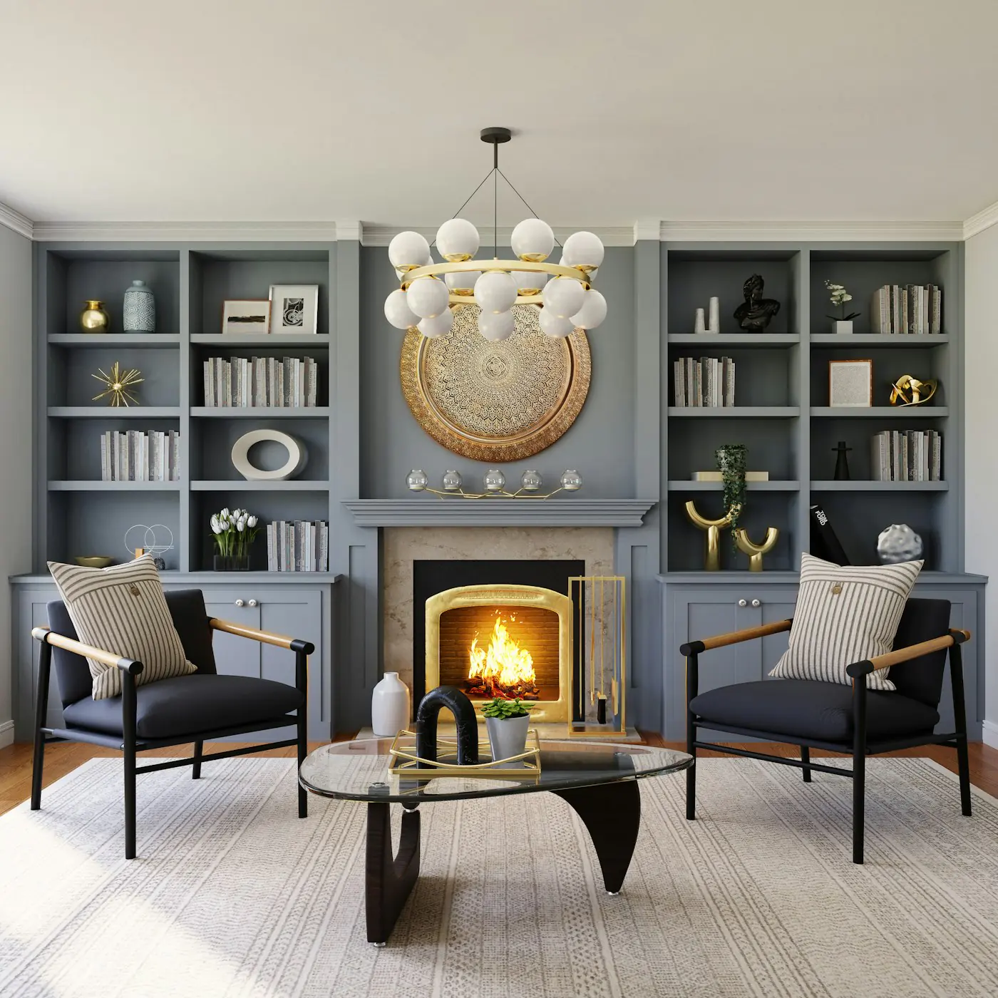 Living room wall with large round artwork between built-in shelves