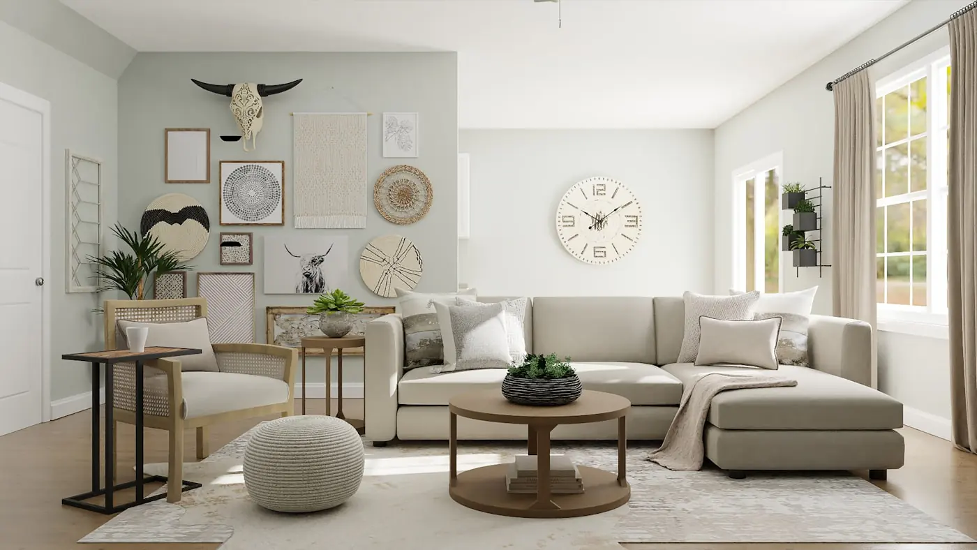 Living-room wall, artwork, clock, shelving, and curtains illustrating a mixed mounting list