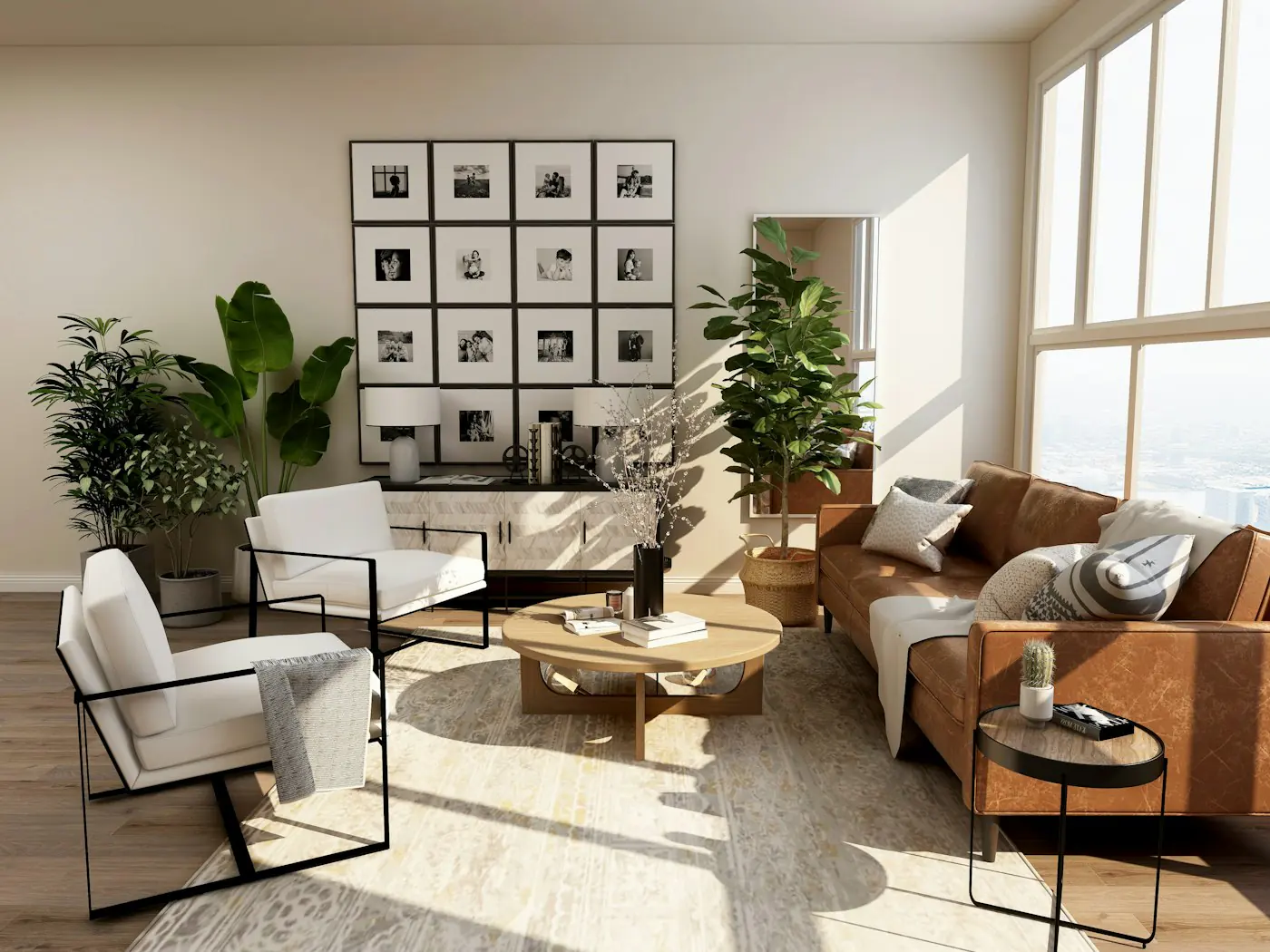 Bright living room with a grid of framed photos and a tall mirror