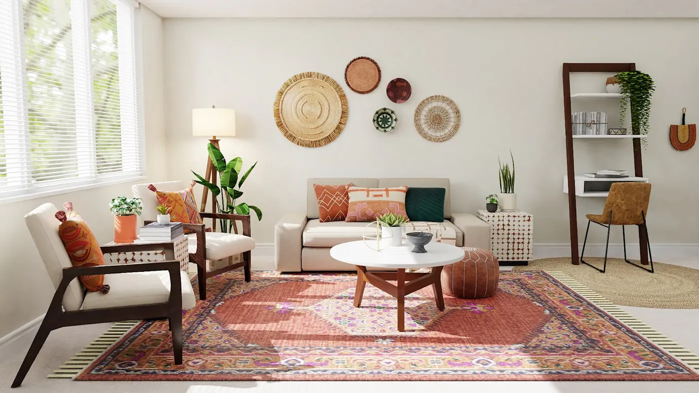 Bright sitting room with white horizontal window blinds
