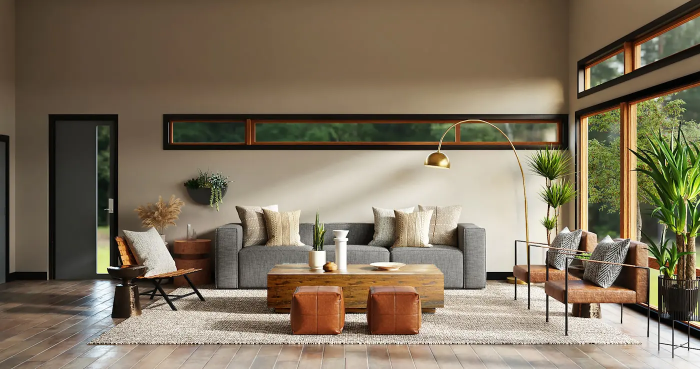 Living room with wood-framed windows and narrow clerestory glazing